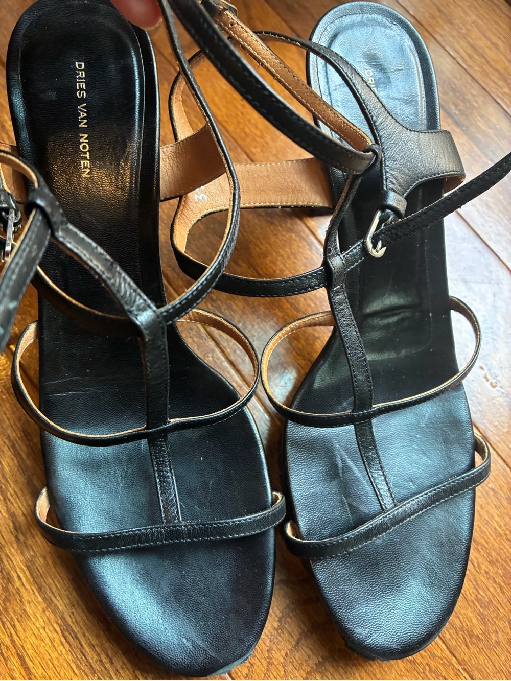 Dries Van Noten Black Strappy Leather Heels. Size 9.